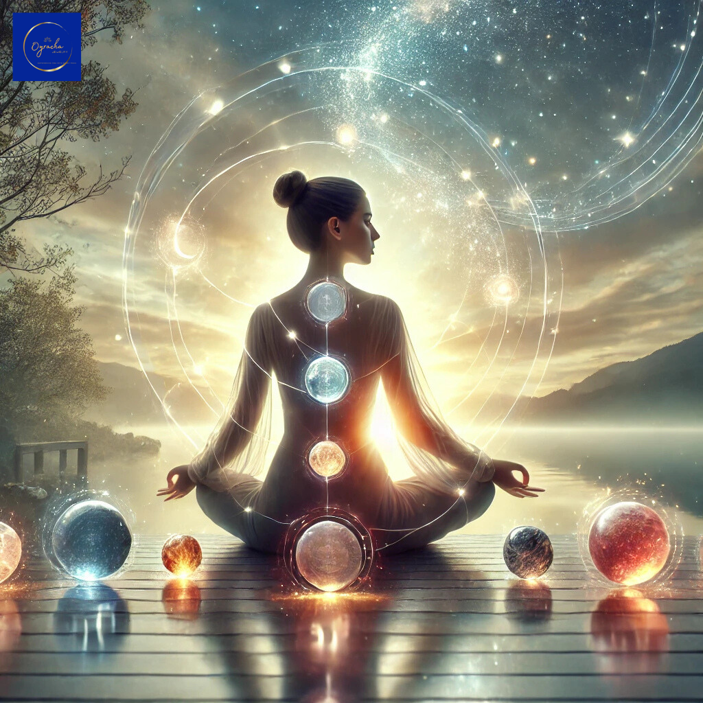 Woman meditating with glowing zodiac stones in a serene cosmic setting, symbolizing energy balance and spiritual alignment. Perfect visual representation for incorporating zodiac stones into meditation for harmony and positive energy.