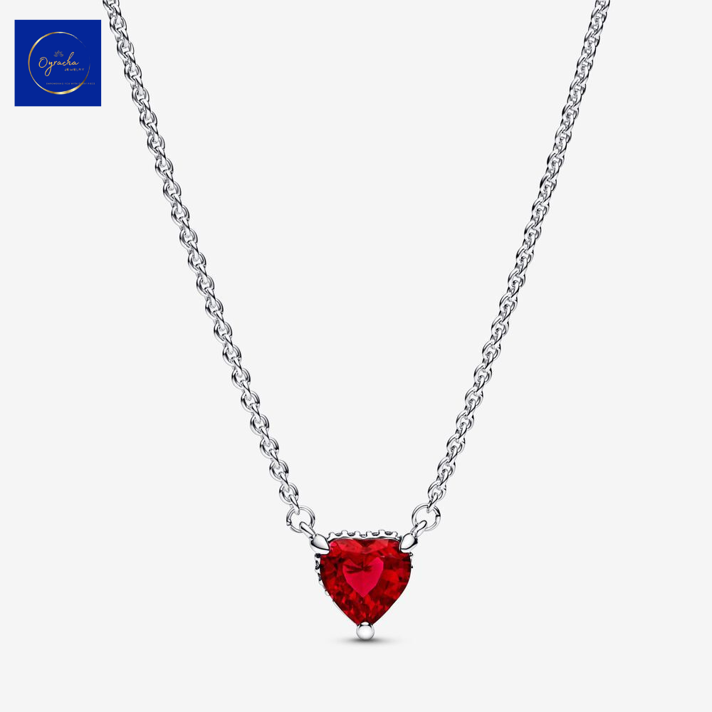 "Front view of a ruby heart necklace with a silver chain, by Oyracha Jewelry. This stunning red gemstone pendant symbolizes love and elegance, making it an ideal gift for special occasions. Discover more gemstone jewelry at Oyracha's collection."