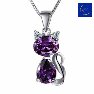 "Elegant amethyst cat pendant necklace featuring two sparkling purple gemstones, captured from a front angle view, by Oyracha Jewelry. This playful yet sophisticated piece symbolizes intuition and protection, making it perfect for individuals born under the Chinese zodiac sign Dragon. Explore Oyracha's zodiac and gemstone jewelry collection."